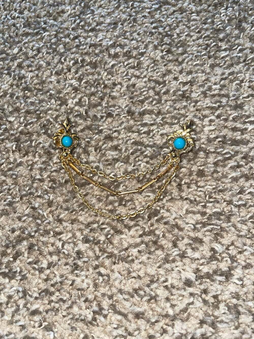Vintage Gold Tone Fleur de Lis Triple Chain Collar Pin with Turquoise Cabochons